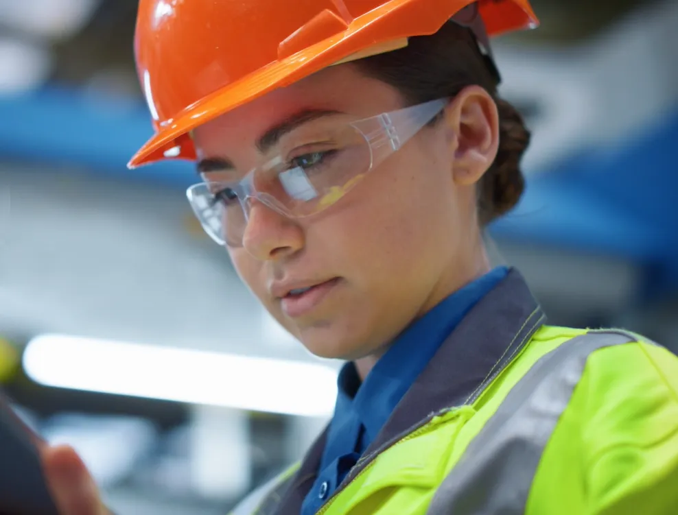 Trabajadora con casco y gafas